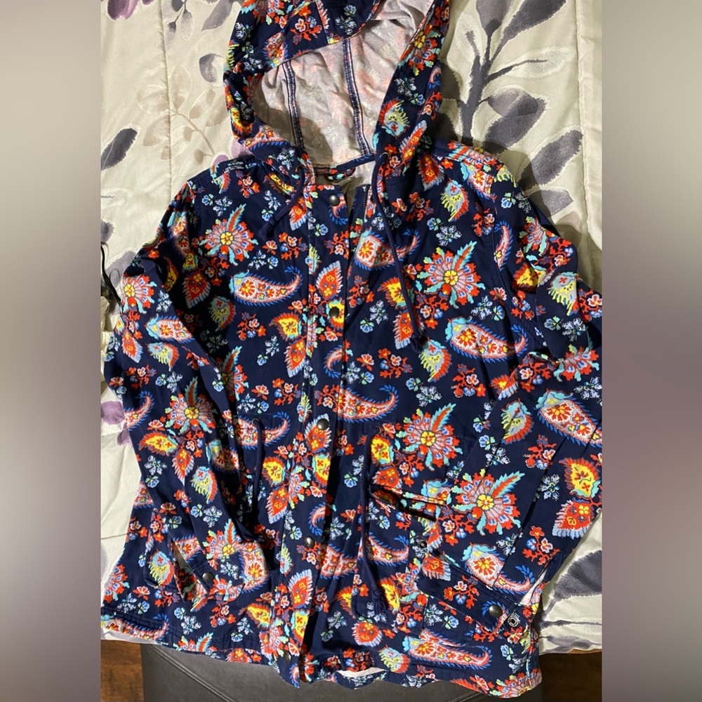 Levi hooded snap button coat denim jacket paisley floral